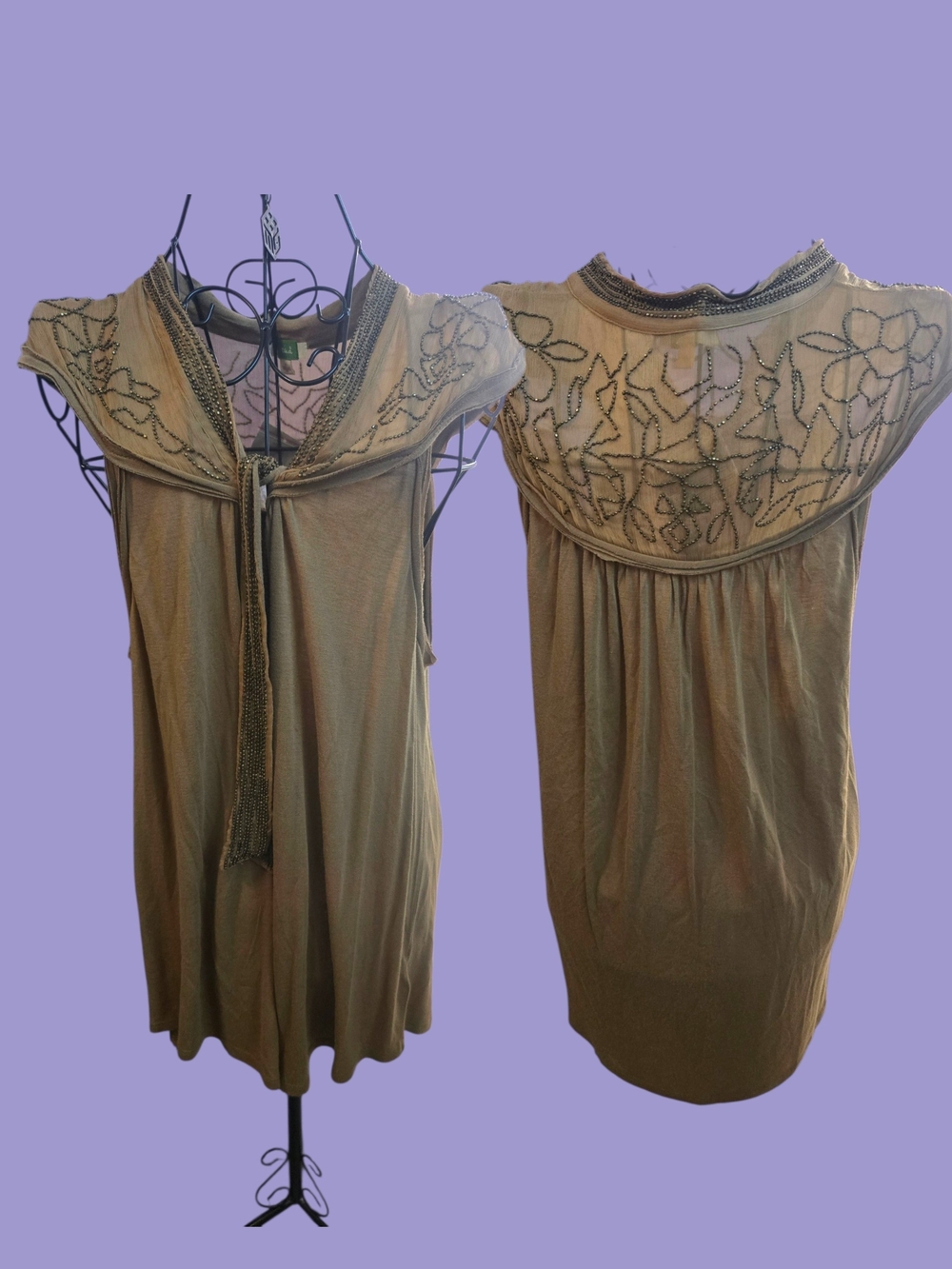 Sleeveless Olive Beaded Yoke Women’s Top